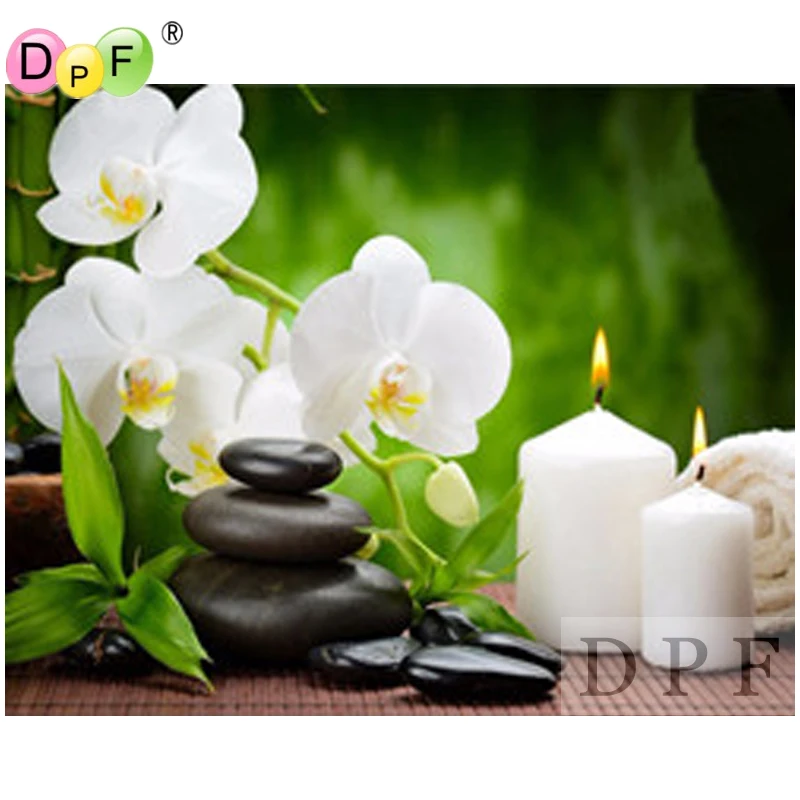 DPF diamond embroidery White candle orchids diamond painting cross stich diamond mosaic kit full square needlework home decor photo