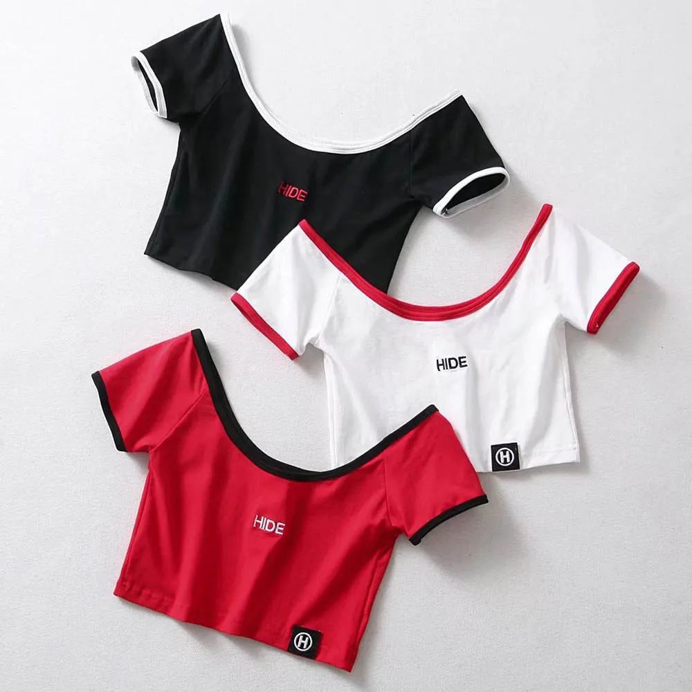 

FIRSTTO Sexy HIDE Letter Print Embroidery Slash Neck Slim T-Shirt Stylish Women Short Sleeve Casual Short Tee Crop Tops 3 Colors