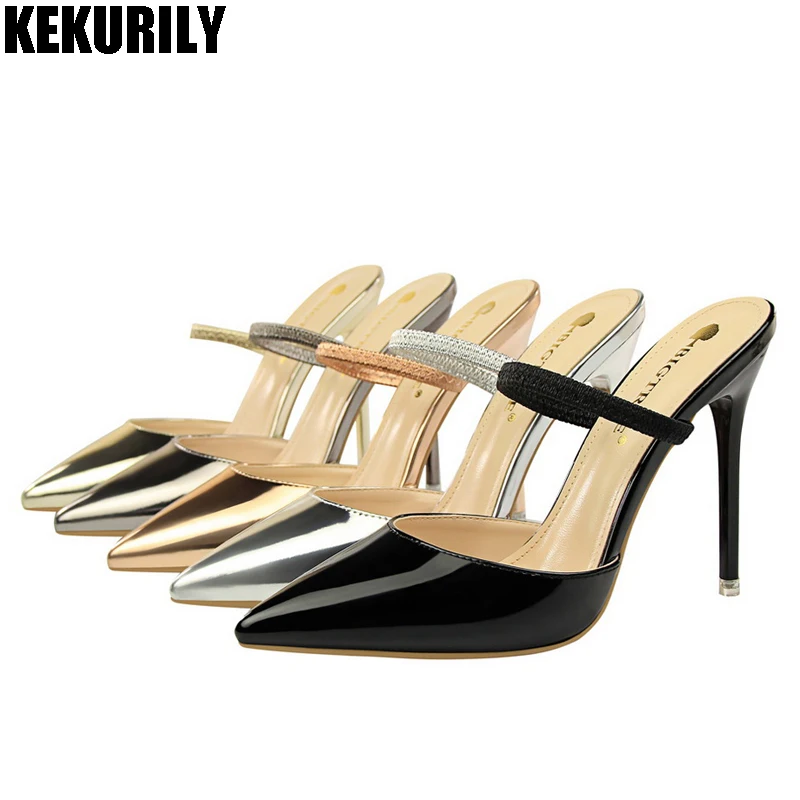 

Summer Woman Shoes Patent leather Pointed toe Slippers ladies slip on Mules high heels Slides Sandals zapatos mujer Many colors