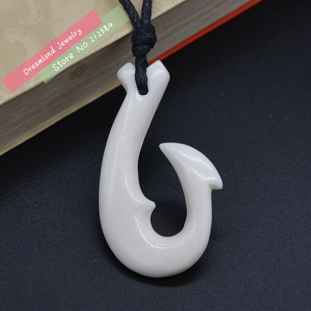 1PC Hawaii Handmade Carved Ox Bone FISH HOOK Pendant Choker Tribal
