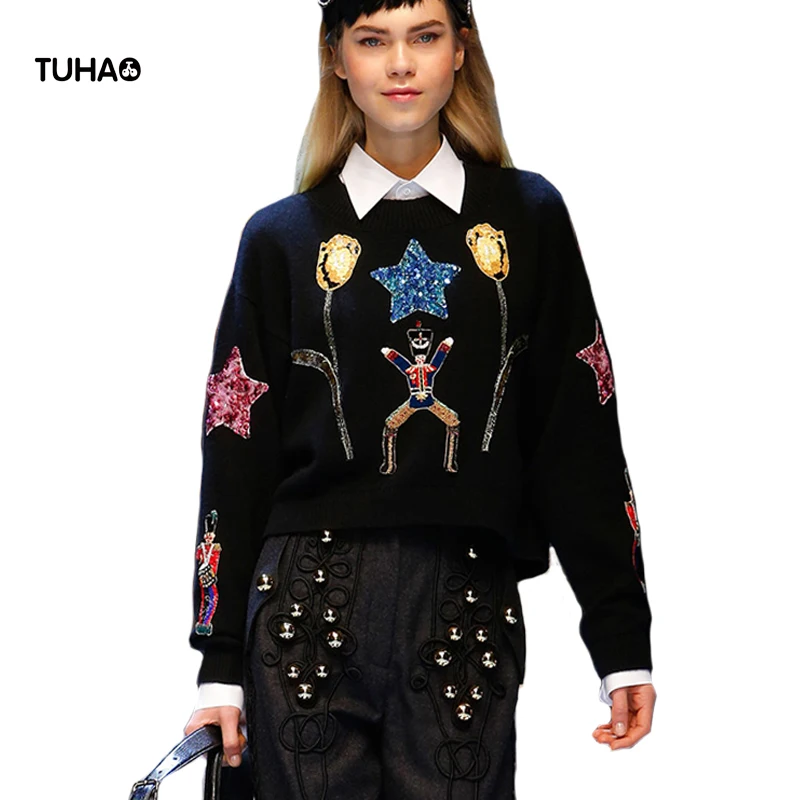 

2019 Cartoon Star Tulips Sequined Sweater Women Casual Pattern Embroidery Sweaters and Pullovers Knitted Sueter Mujer TG7040