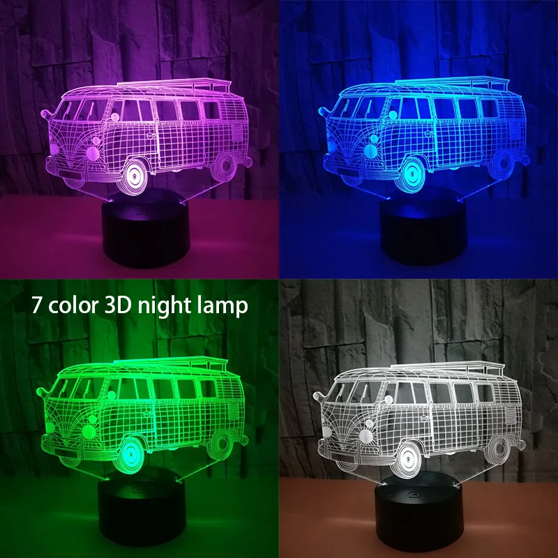 

3D Visual Illusion Camping School Bus Led Lamp Transparent Acrylic Night Light Led Lampa 7 Colors Touch Table Bedroom Lamp