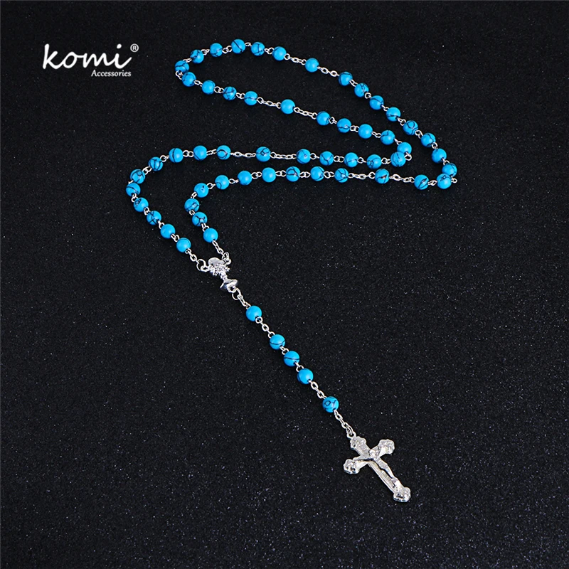 

Komi 2018 New Stone Beads Silver Cross Pendant Necklace Women Men Catholic Christ Religious Jesus Rosary Jewelry Gift R-007