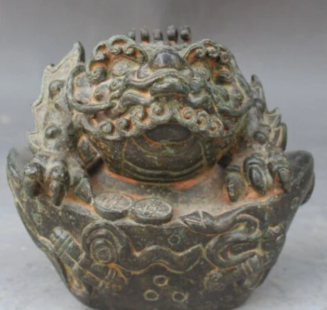 

S0080 6" Marked Chinese Old Bronze Feng Shui Wealth Golden Toad Spittor YuanBao Statue