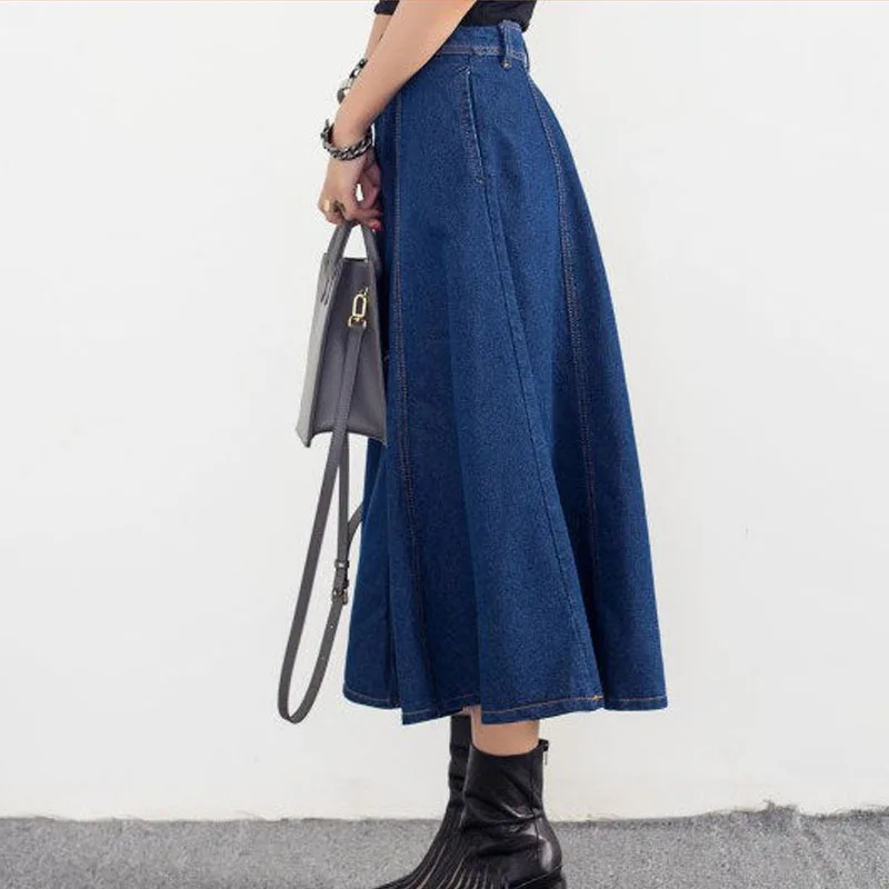 Элегантная Женская длинная джинсовая юбка-зонтик с высокой талией размера плюс, уличная Джинсовая юбка миди с боковыми карманами