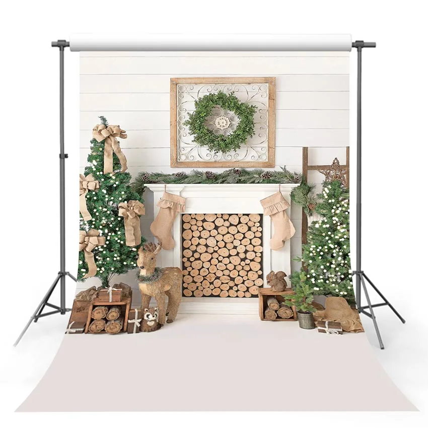 

Christmas Tree Fireplace Backdrop Wreath Photography Backdrop for Picture Photo Studio Backgrounds Props