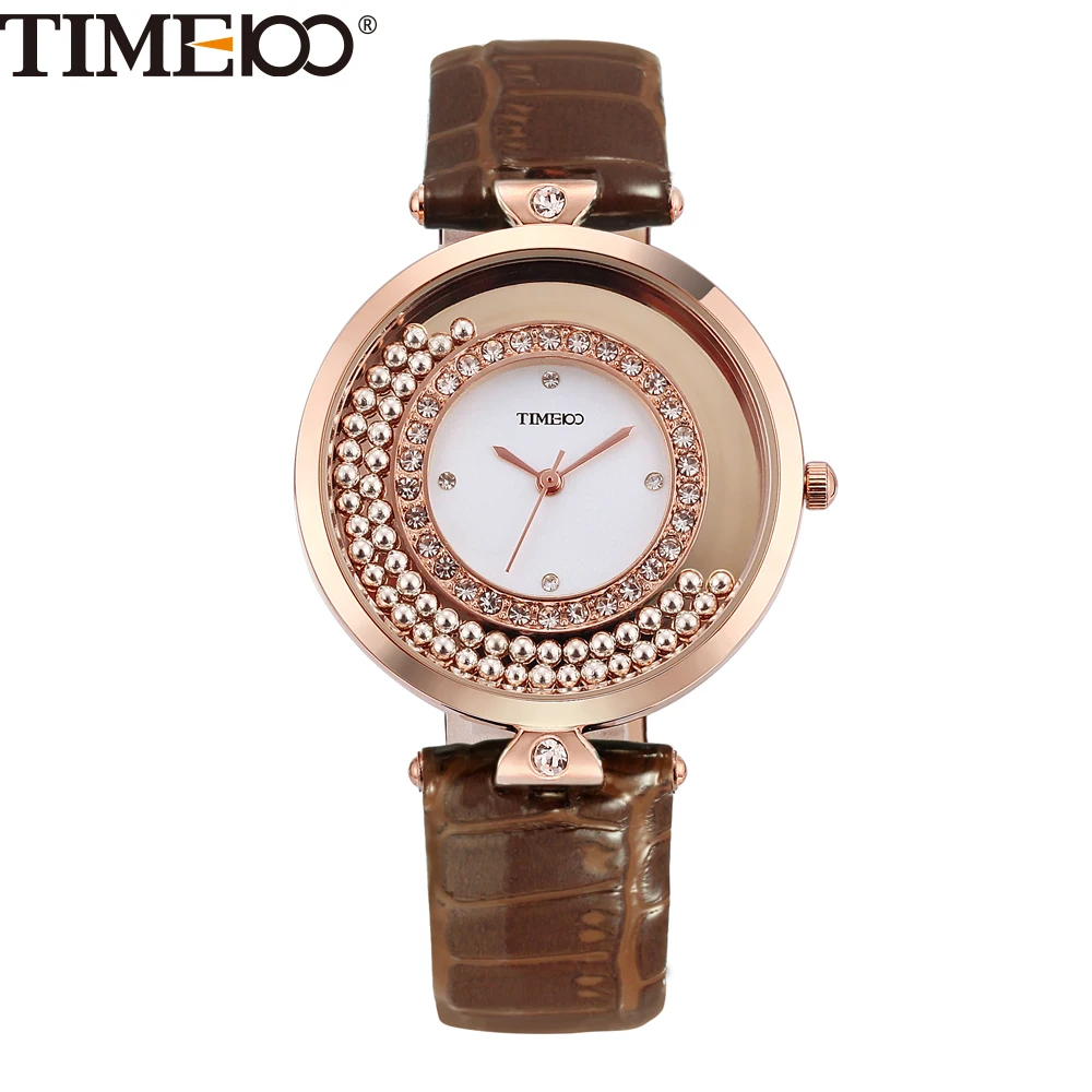 Goedkoop TIME100 Luxe Vintage vrouwen Quartz Horloges Bead Bewegen Shining Diamonds Big Dial Bruin Lederen Dames Polshorloge Voor Vrouwen