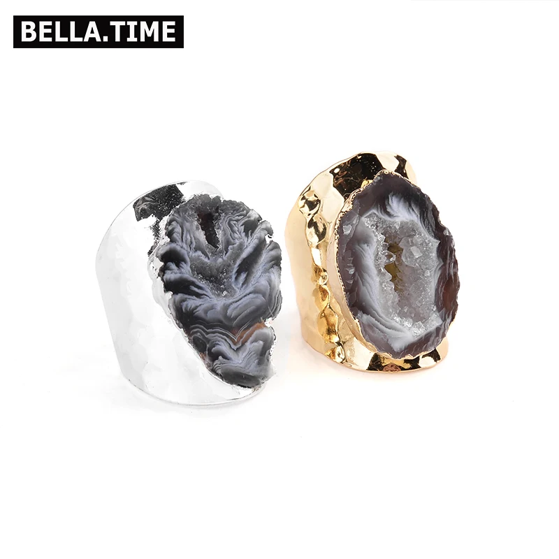 

BELLA.TIME Bohemian Natural Stone Gold-color Silver Rings For Women Adjustable Irregular Agates Quartz Geode Rings Jewelry RI12