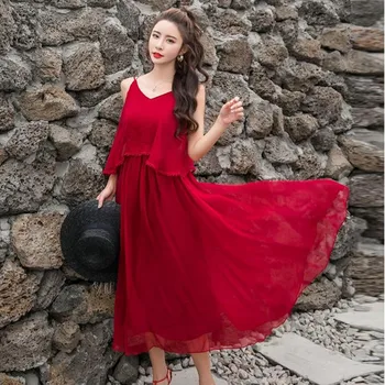 

Pottis Real shot 2018 new goddess Fan Chaoxian fairy dress backless sexy holiday elegant super fairy seaside beach dress