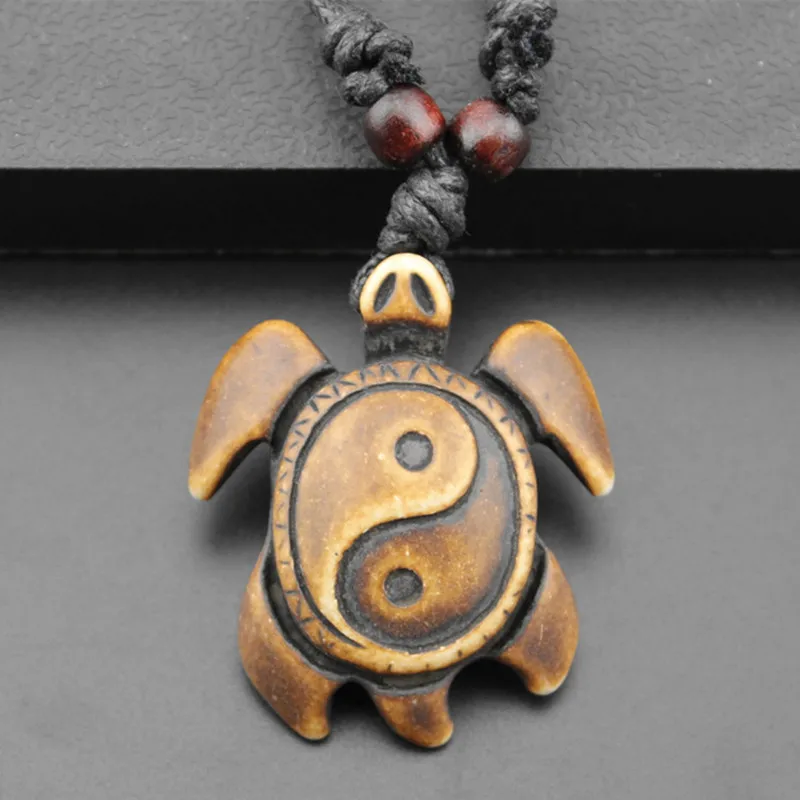 KUNIU-European-Style-Yin-Yang-Turtle-Pendant-Faux-Yak-Bone-Charm-Necklace-Choker