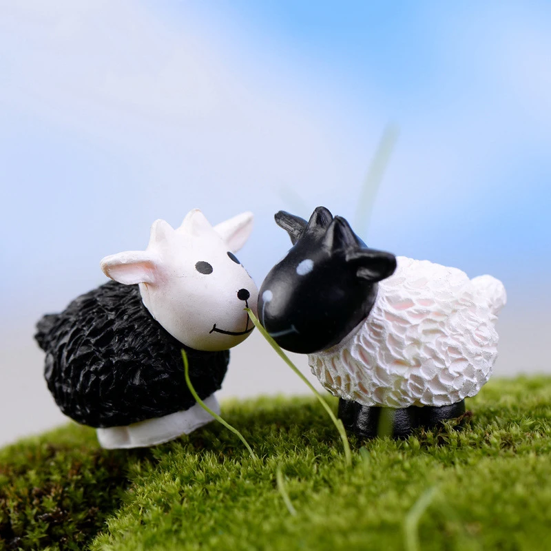 

Cartoon Black White Goat Sheep Couple Fairy Garden Miniatures DIY Doll House/ Terrarium/ Succulents/ Micro Landscape Decorations