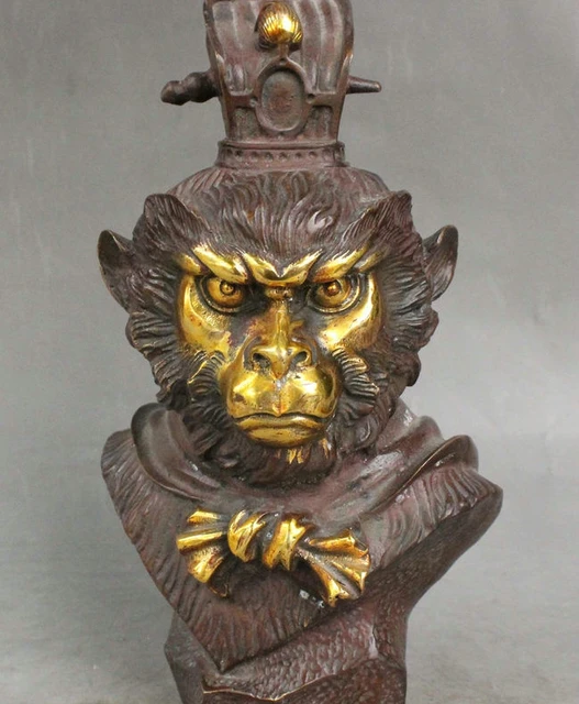 Free shipping 9" Chinese Buddhism Bronze Gilt Monkey King Sun Wukong Head Bust Buddha Statue 8.