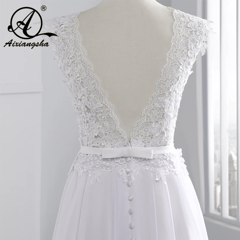 Skup 2018 Hot sprzedaży Custom Made linia suknie ślubne Vestido de Noiva Casamento szyfonowa koronkowa przepuszczalność sukienka bez pleców De Mariage