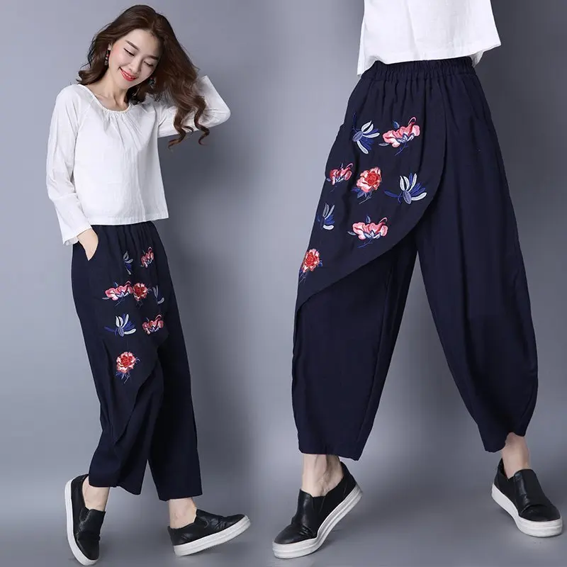 2018 New Fashion Patchwork Embroidery Pants,Vintage Cotton linen Wide ...