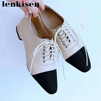 

Lenkisen 2019 British style mixed colors genuine leather classic square toe lace up pumps low heels hot selling daily shoes L17