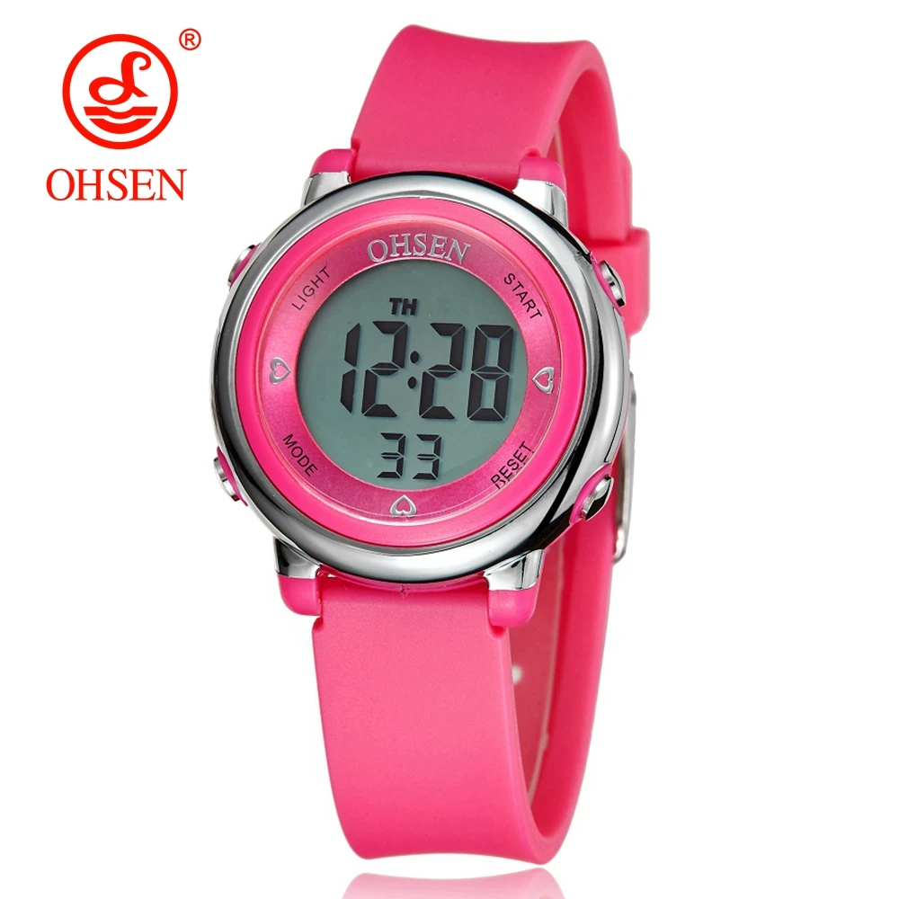 

OHSEN Digital LCD Kids Girl Pink Wristwatch Rubber Strap 50M Diver 7 Colors Cartoon Children Boys Fashion Watch Alarm Clock