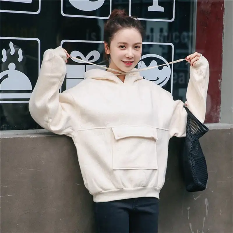 

Women's Sweatshirt Korean Ins Chic Ulzzang Loose Solid Color Pocket Stitching Female Vintage Kawaii Cute Svitshot For Women