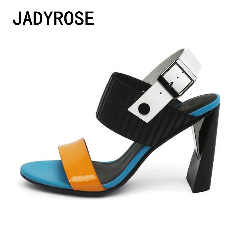 

Women Design Sandalias Mixed Color Fashion Summer Shoes Square 9cm High Heels Wedding Shoes Woman Open Toe Ladies Sandals Shoes