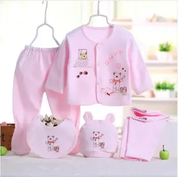 

Hot sell Newborn baby sets clothing Long Sleeve Outfits+hat+2 pants+Baby bib Cartoon pattern 0-3Month infant girls and boys