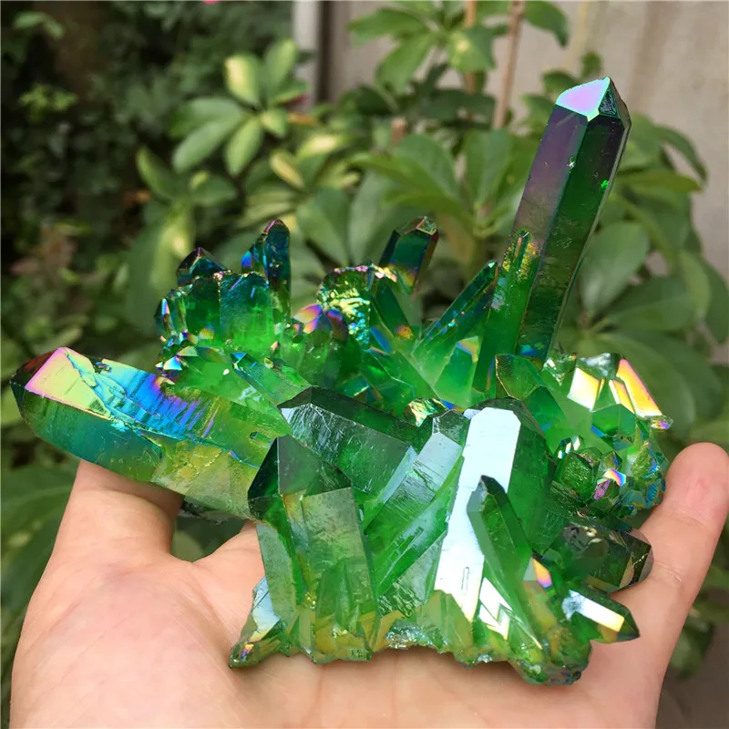 

1PC Green Aura Crystal Cluster Angel Aura Titanium Quartz Crystal Stunning Rainbow Specimen Minerals Reiki Healing