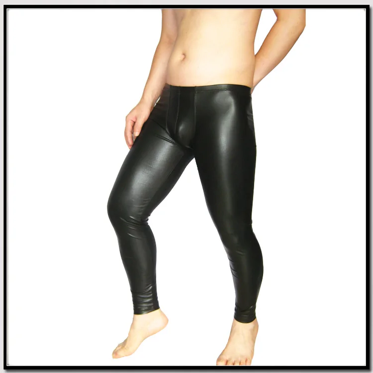 Men tight PVC Pants Mens shaping wear trousers U Convex mid waist long