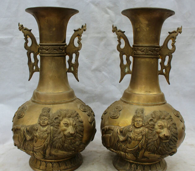 

huij 006921 16" Marked Chinese palace Bronze Kwan-yin lion head flower Bottle Vase Pair