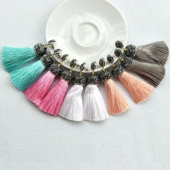 

5 Pair Pink /white cotton Silk Tassel Earrings,Pave Rhinestone Tassel Jewelry, For Women Bohemia Earrings ER102A