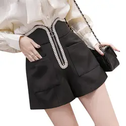 2019 корейские женские тонкие шорты с высокой талией и карманами на молнии, черные белые элегантные женские уличные кружевные шорты для