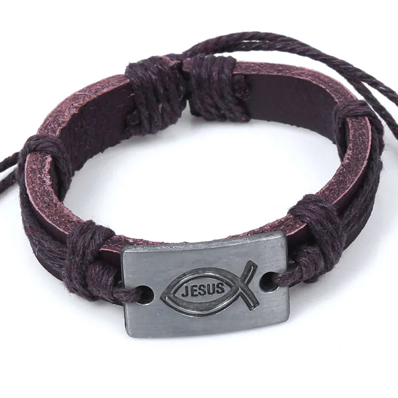

Vintage Genuine Leather Jesus Fish Bracelet Ichthys Christian Prayer Cuff Bracelet leather bracelets for Women lederen armband