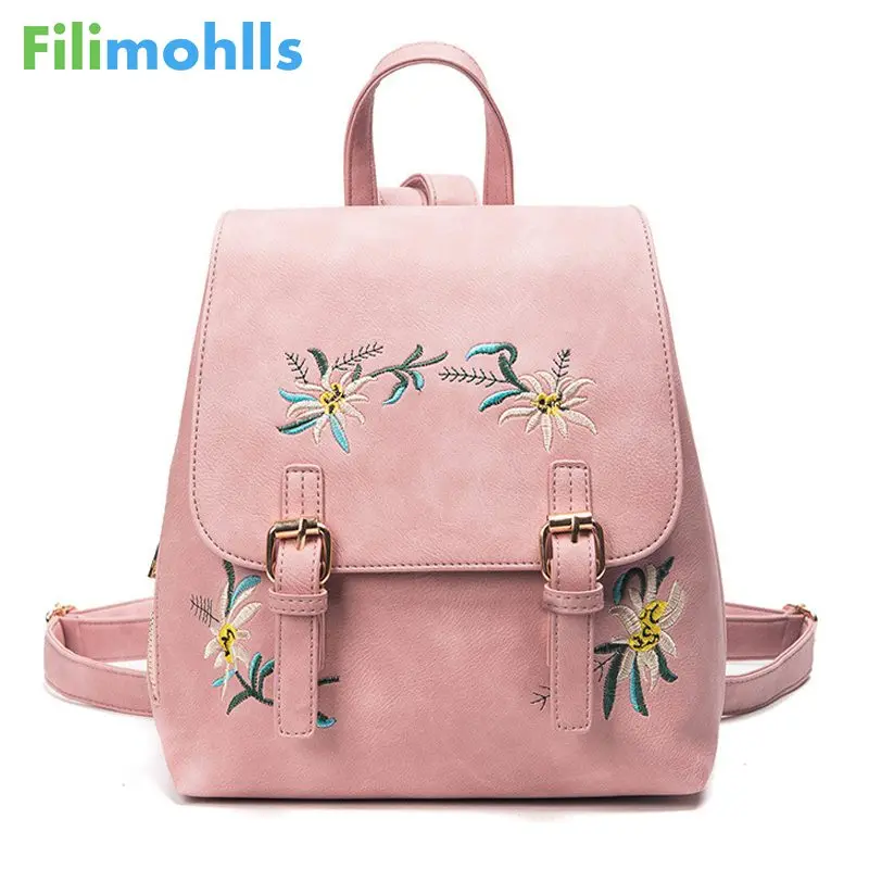 

Fashion Embroidery School Bag For Teenage Girls Ladies Bagpack Small Backpacks Fashion Pink Floral Women Leather Backpack S1454