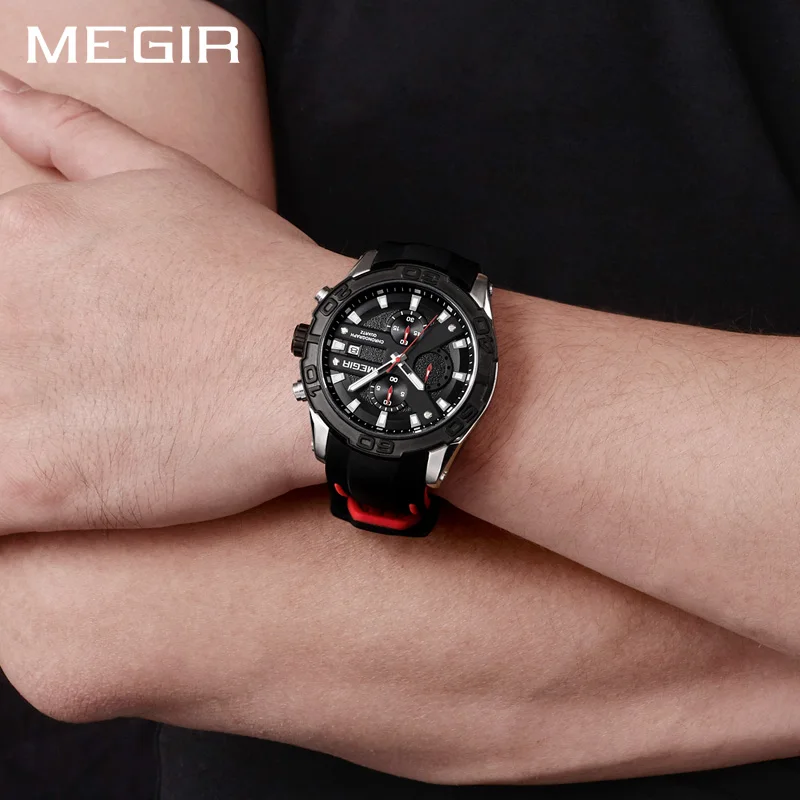 MEGIR Chronograph Sport Watch Men Relogio Masculino Top Brand Fashion Silicone Quartz Army Military Wrist Watches Clock Men 2055