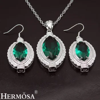 

Hermosa Green Topazz Eye Shape Jewelry Silver Color Earrings Pendant Necklace for women NY822 Fashion Party Gift