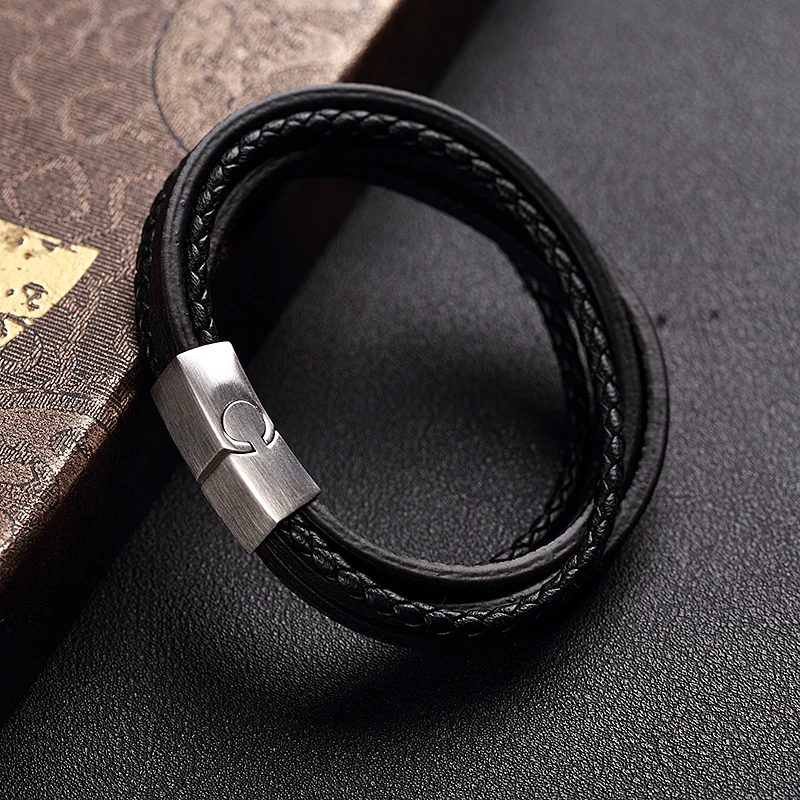MOGE модный кожаный браслет Geunine, мужские Многослойные плетеные кожаные браслеты из нержавеющей стали, мужские кожаные браслеты