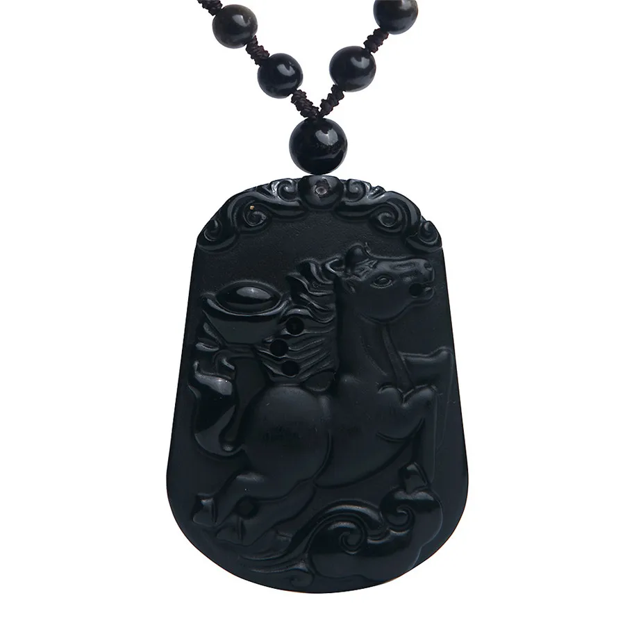 Genuine Black Gemstone Natural Obsidian Pendant Women Men Necklace Powerful Horse Animal Drop Obsidian Pendants 493310mm (1)