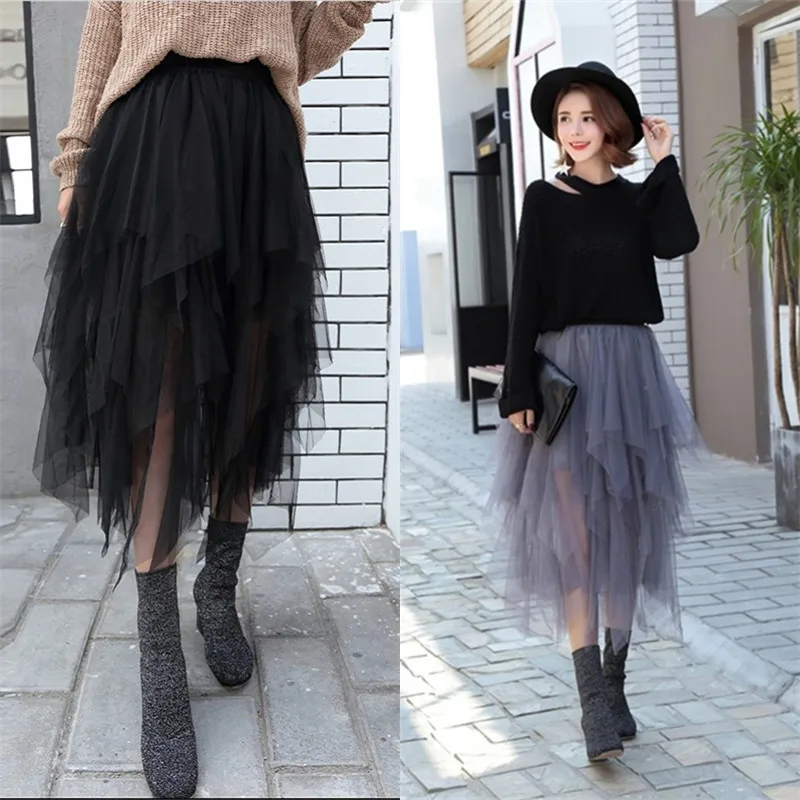 TingYiLi, осенняя мода, асимметричная Тюлевая юбка, черная, серая, хаки, высокая талия, длинная юбка, Корейская женская юбка