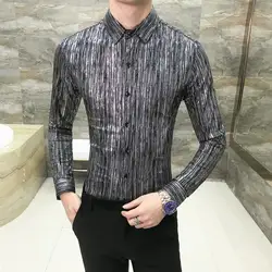 Серебряный рубец рубашка Slim Fit с длинным рукавом Camisa Мода Masculina клуб Выходные туфли на выпускной бал рубашка Camisa дизайнер Корейская рубашка