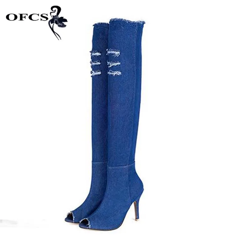 

High Heels Denim Boots Women Boots Summer Autumn peep toe Over The Knee Cowboy Boots quality High Elastic Jeans Boots Plus Size