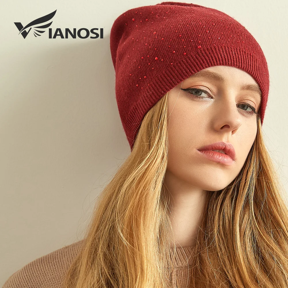

VIANOSI Cashmere Knitted Winter Hat Women Thick Female Beanies Warm Cap Rhinestone Wool Hats for Women