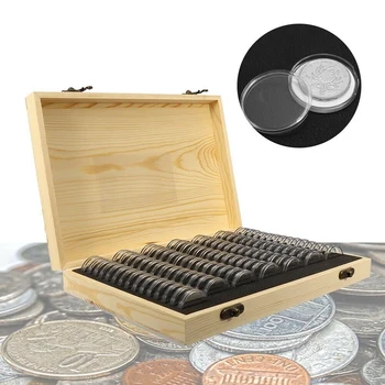 

1pcs Display Case 28*19*4.5CM Vintage Wooden Container Storage Box 100 Pcs Coin Capsule Holder