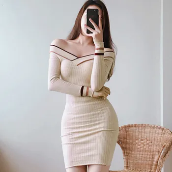 

Autumn V-Neck Stitching Striped Knit Slim Solid Mini Bodycon Sexy Sweater Dress