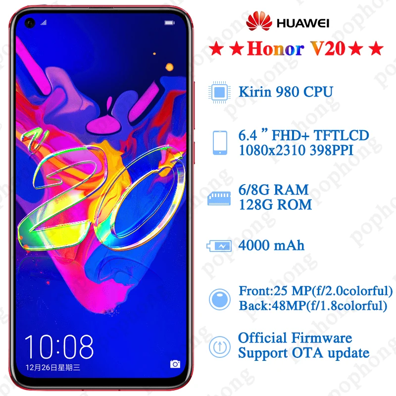 Оригинал HONOR View 20 Honor V20 смартфон 6 ГБ 128 Kirin 980 четыре ядра Android 9 0 NFC быстрая зарядка