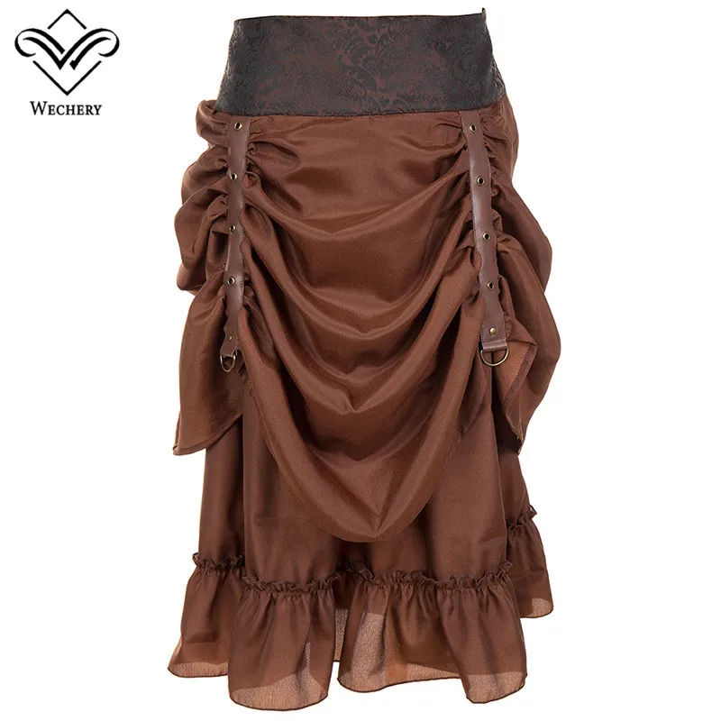 Wechery юбка в готическом стиле плиссированная юбка с эластичной резинкой на талии для Для женщин коричневый длинная юбка Высокое качество Ретро Винтаж костюм для вечерние шоу - Цвет: Brown