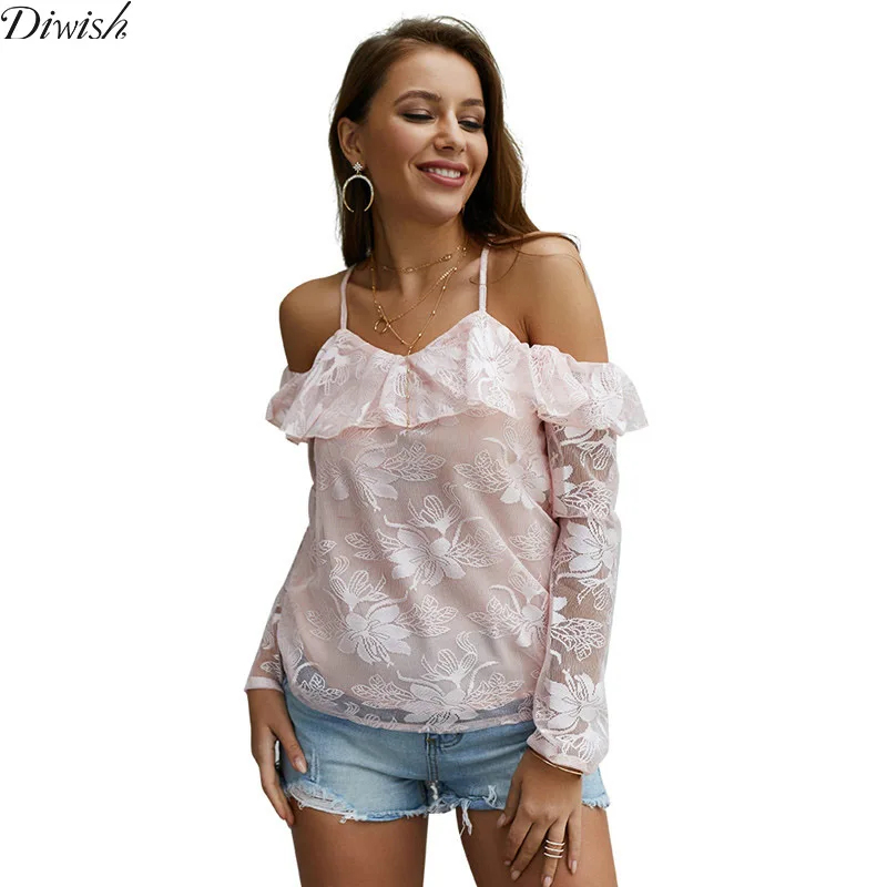 

Diwish Women Blouse Shirt Sweet Floral Long Sleeve Lace Strap Floral Spaghetti Strap Cold Shoulder Pink Blouse Ladies Tops