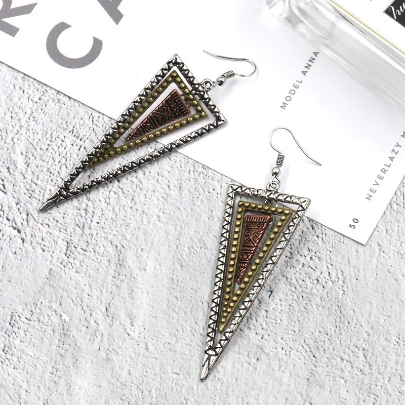 

Amader Silver&Gold&Bronze Triangle Geometric Retro Earrings For Women Vintage Ladies Drop Earrings Tibetan Jewelry HQEF1124