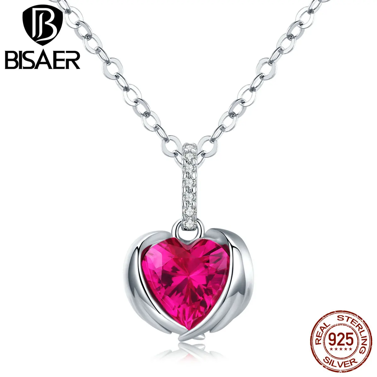 Bisaer 925 Sterling Silver Red Heart Guardian Wing Love Collane Ciondolo Placcato Catena Di Platino Per Le Donne Gioielleria Raffinata Ecn341
