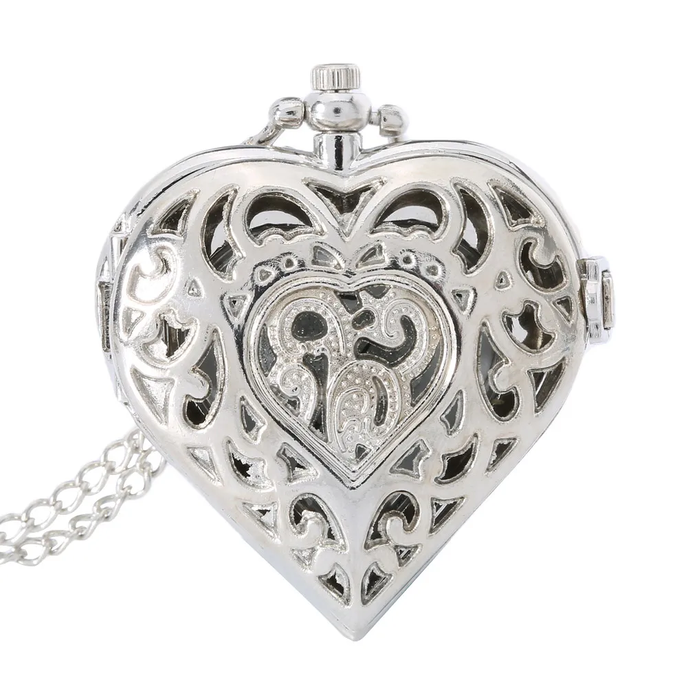 Silver Necklace Jewelry Hollow Heart Shaped Pocket Watch Necklace