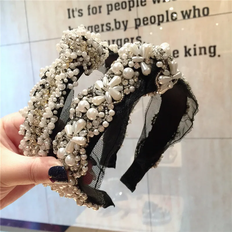

Fashion Luxuriou pearls Bead lace Cloth Hair Hoop Headband Hairband for Women Girls Small fresh style Hair Band Hair Accessories