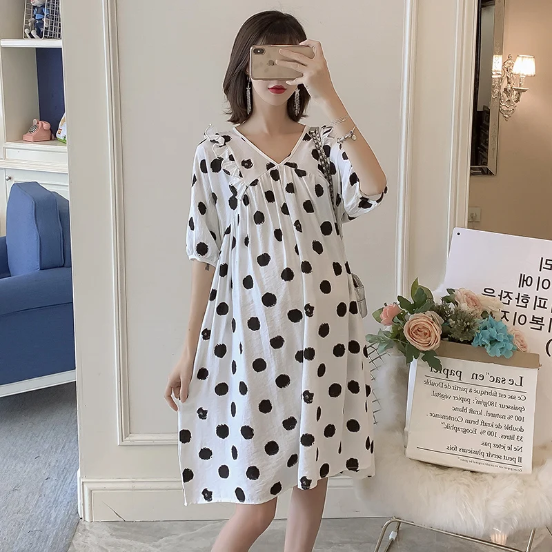 

8082 Polka Dot Printed V Neck Loose Maternity Dress Summer Fashion Large Size Clothes for Pregnant Women Sweet Elegant Pregnancy