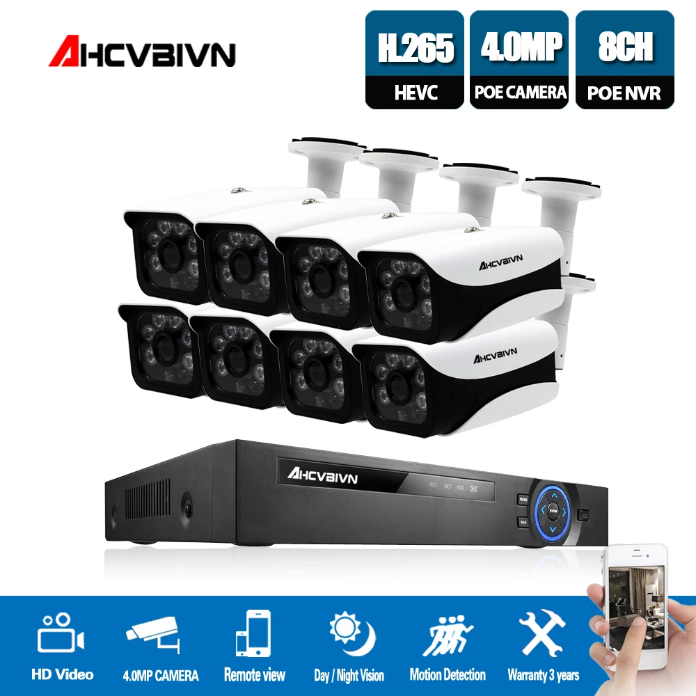 

Home 8CH CCTV Camera System 48V POE NVR Kit Onvif 5MP 4.0MP HD POE IP Camera Waterproof Night Vision Security Camera System P2P