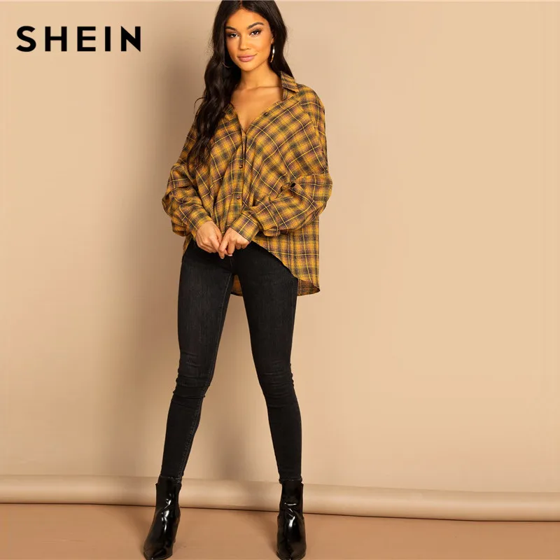 SHEIN Рубашка В Клетку С Заниженной Линией Плеч Блузка Свободного Кроя Длинным